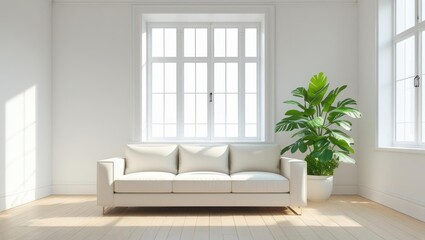 Light-filled living room with a comfortable sofa and a lush houseplant.