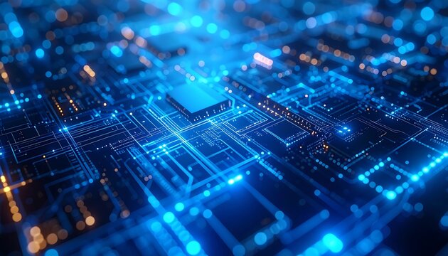 High-tech circuit board with glowing blue and gold lines