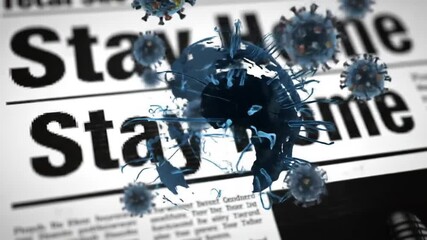 Urgent public health message to stay home shown on a document with floating virus models.