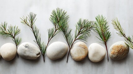 Pebbles and Pine Twigs Arranged on a Textured Surface
