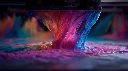 A 3D printer head extrudes a vibrant, multicolored, fluid-like material, showcasing advanced printing capabilities.
