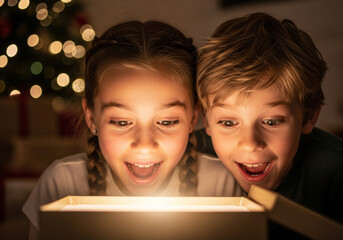 Two joyful children gaze with wonder as they open a glowing Christmas gift on a cozy morning