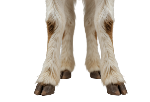 Close up detailed view of furry hooves and lower legs of an animal on black background