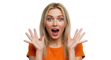 Blond woman with open mouth and hands up in surprise against dark on transparent background