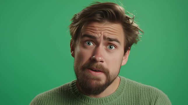 Man staring at camera with puzzled expression on green screen for emotional reaction stock video