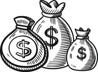 Financial Abundance: A hand-drawn illustration depicting three money bags with dollar signs, a visual representation of wealth, financial growth, and economic prosperity.