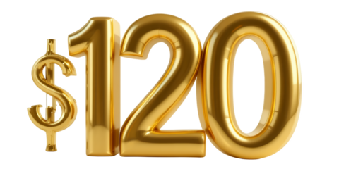 Shiny golden three dimensional dollar sign followed by number one two zero on black background