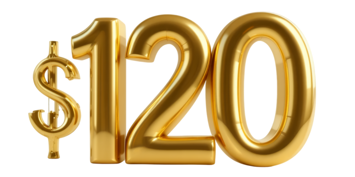 Shiny golden three dimensional dollar sign followed by number one two zero on black background