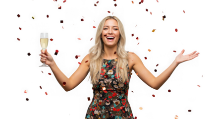 Woman celebrating with champagne and confetti on dark space on transparent background