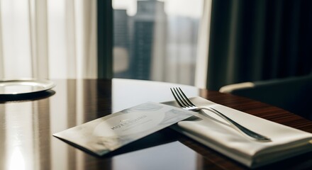 Elegant Hotel Table Setting with Voucher and City View