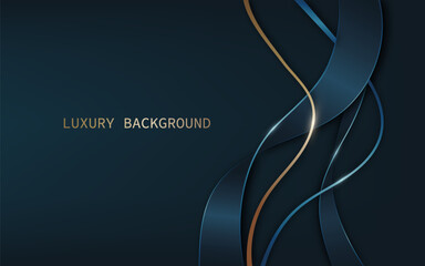 Luxury background with a dark navy blue gradient and abstract ribbons, elegant curved gold lines