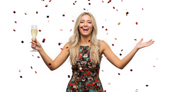 Woman celebrating with champagne and confetti on dark space on transparent background