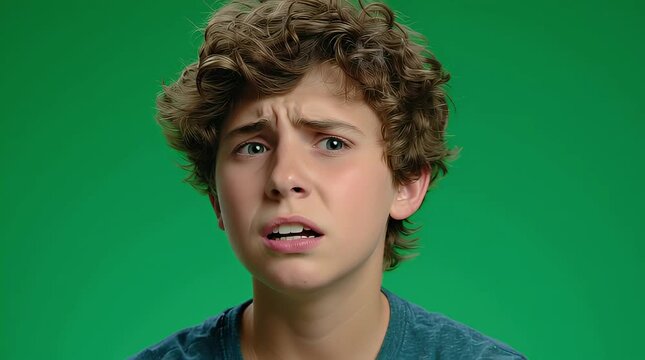Young boy with curly hair looking confused in green screen video background for uncertain expression footage