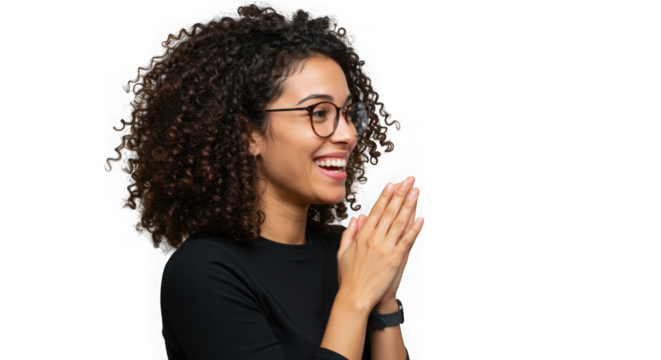Woman with curly hair wearing glasses clapping and smiling on transparent background