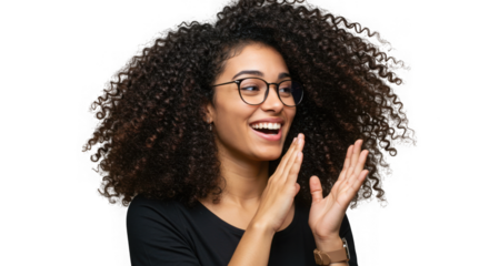 Portrait of a woman with curly hair and glasses clapping hands on transparent background