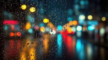 Obraz premium Rain-streaked window showing blurred, colorful city lights at night