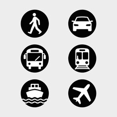 Fototapeta premium Simple Vector Icons Transport Choices - Walking, Car, Bus, Train, Boat, and Airplane on Black