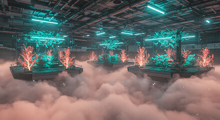 Ethereal landscape of a deep gorge with floating opalescent rocks in a surreal, luminous purple mist.