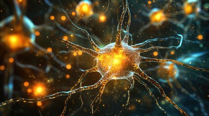 A vibrant, colorful image of a neuron cell with a blue and orange color scheme, surrounded by other cells and glowing particles, set against a dark background.