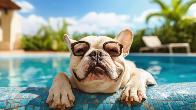 A white dog wearing sunglasses and lying on a poolside ledge.