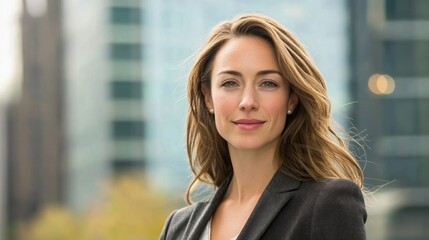 Fototapeta premium A professional woman in a suit standing in front of a blurred cityscape.