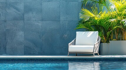 A serene outdoor setting with a white chair and palm tree by a swimming pool.