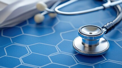 A stethoscope and medical equipment on a blue medical table with a white background.