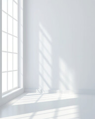 Fototapeta premium Bright minimalist interior, soft shadows on white walls, open space with natural light creating a serene ambiance.