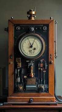 An old clock sitting on top of a wooden table