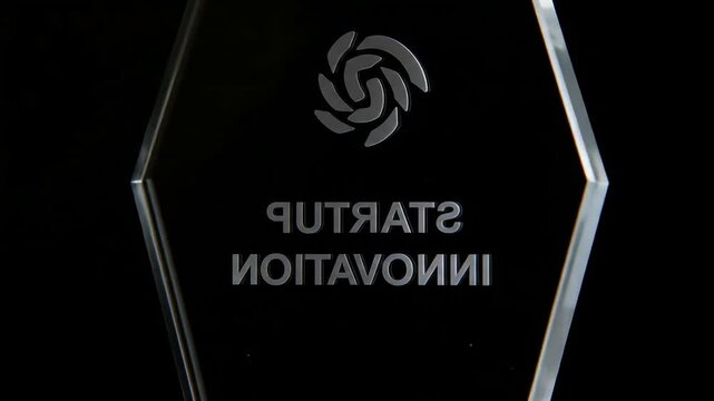 Close-up of a clear, hexagonal award with "Startup Innovation" etched onto its surface.