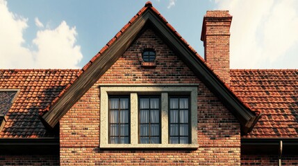 Obraz premium A red brick house with a gabled roof and a chimney, set against a clear blue sky with some clouds.