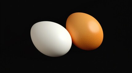 Two eggs on a black background. The egg color is white and orange. The image focuses on the texture and color of the eggs.
