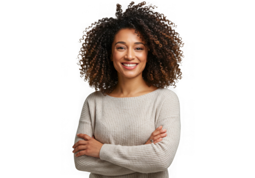 Portrait of smiling woman with curly hair and arms crossed on transparent background