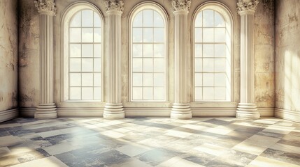 Obraz premium A grand, empty room with arched windows and marble columns, illuminated by sunlight, featuring a checkered floor and a stone wall with visible wear and tear.