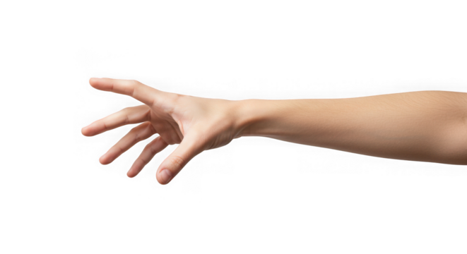 An outstretched arm reaching out on a plain dark background on transparent background