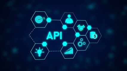 A P I Technology Hexagon Network Diagram Blue Cyan Light Icons Business Finance Data Money Target Growth Teamwork