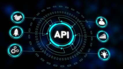 Abstract A P I Technology Concept Illustration Cyan Blue White Icons Dark Background Circular Design Network Connections Data Flow Digital Interface
