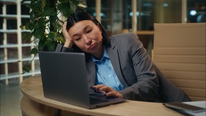 Tired bored Asian Korean Chinese Japanese woman female sad upset girl businesswoman business office...