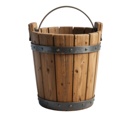 Close up detailed image of a rustic wooden bucket with metal bands and handle on black background