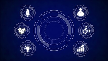Dark Blue Background White Circular Icons Business Strategy Growth Teamwork Innovation Rocket Handshake Gears Lightbulb Graph