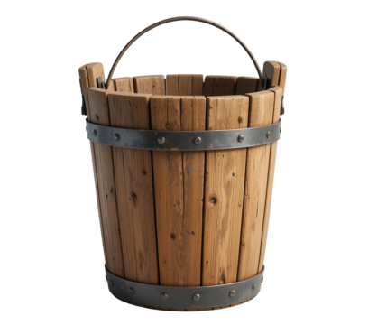 Close up detailed image of a rustic wooden bucket with metal bands and handle on black background