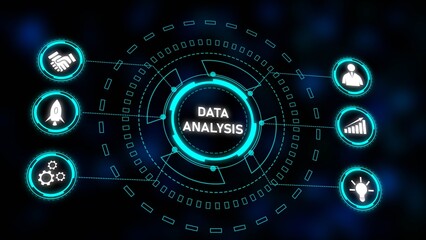 Data Analysis Circular Interface Blue Neon Icons Business Technology Startup Growth Handshake Gears Lightbulb