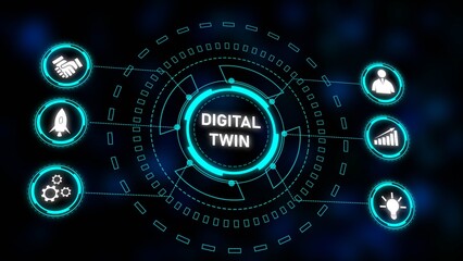 Digital Twin Technology Concept Futuristic Interface Cyan Blue White Icons Dark Background Circular Design Network Graphic