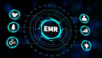 E M R System Technology Concept Digital Interface Cyan Blue White Icons Dark Background Growth Startup Teamwork