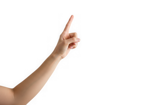 A woman's arm and hand pointing upward on a dark background on transparent background