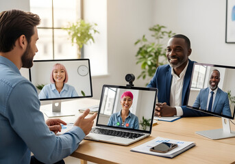 Team of smiling businesspeople collaborating in an office, working on computers and laptops during a meeting