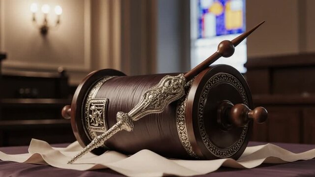 Torah Scroll with Yad Pointer Resting on Religious Table
