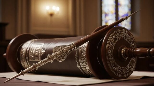 Torah Scroll with Yad Pointer Resting on Religious Table