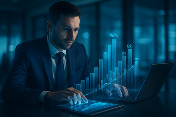 Businessman analyzing digital growth chart on laptop and tablet showing rising statistics bar percentages and financial performance in futuristic corporate dashboard environment