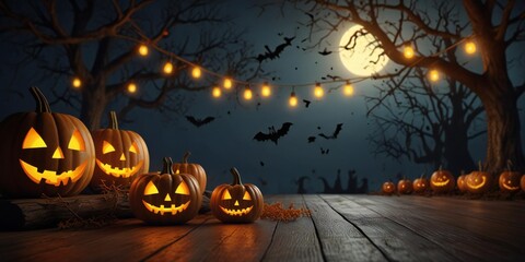 Spooky halloween night with jack o lanterns bats and a full moon